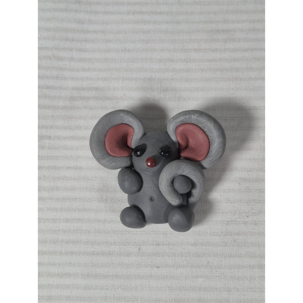Vintage Handmade Polymer Clay Mouse Brooch Grey Pink Animal Pin Signed